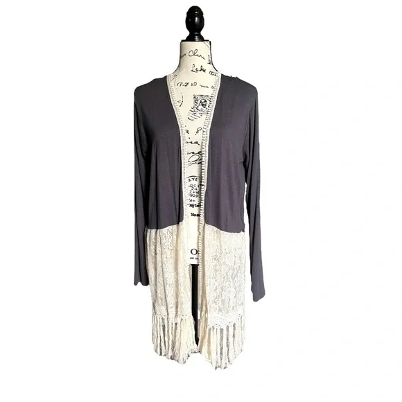 Umgee Open Front Lace Fringe Cardigan Boho Cottagecore | Size M - Picture 3 of 11